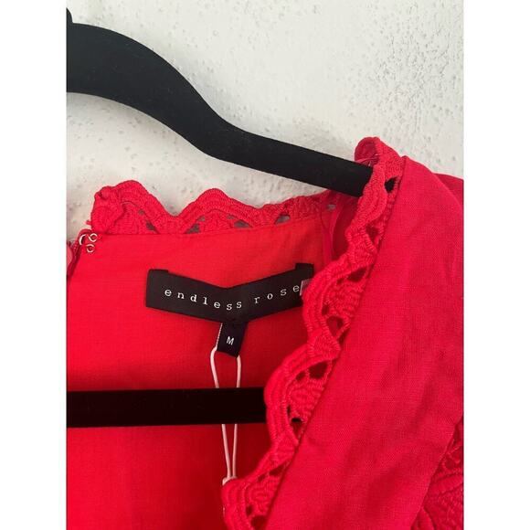 Anthropologie Endless Rose Women's  Red Plunging Neck Lace Trim Dress, M - Picture 9 of 14